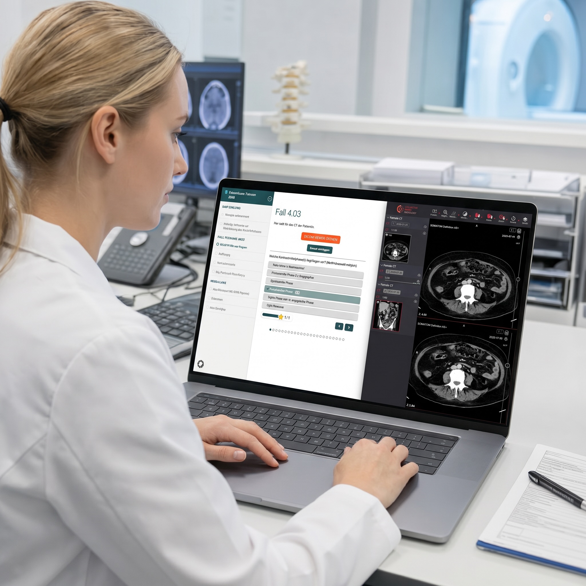 Junge Radiologin lernt aktiv am Laptop mit LernRad